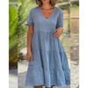 Plus Size Oversized Dresses Summer Women's V-Neck Solid Big Swing Casual Cotton Linen Short Dress