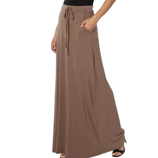 Women Maxi Skirt Adjustable Drawstring High-Waisted Solid Color Long Skirt with Pockets Casual Work Skirt