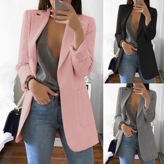 Costume de bureau mode pour femme Couleur unie Sans bouton Revers Coupe ajustée Blazer Manteau