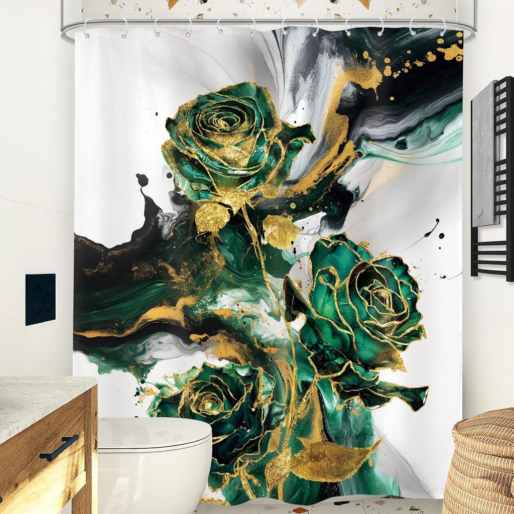 Green Gold Marble Flower Shower Curtain Rose Abstract Modern Floral Luxury Minimalist Ink Texture Men Hooks Fabric Waterproof