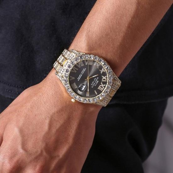 Ladies Quartz Watch Round Dial Alloy Rhinestone Decor Roman Umber Calendar No Delay Time-checking High Accuracy Business Commute Wristwatch