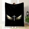 White Cross Centered with Feather-like Wings On a Black Background. for All Seasons Blanket Lunch Break Throw Gift