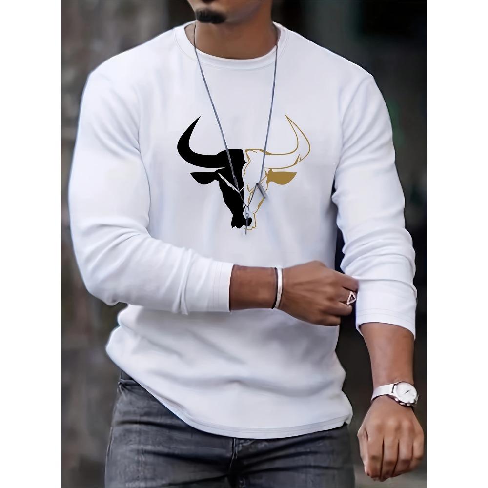 Men's Casual Sports Bull Pattern Printed Round Neck Long Sleeved T-shirt Top