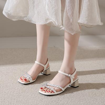 Women Luxury Thick Heels Sandals Female Shoes Summer Fashion Rhinestone High-heeled Sandals Ladies Ankle Strap Party Dress Pumps
