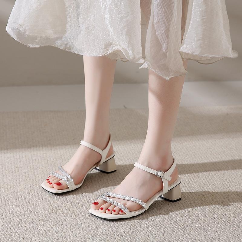 Women Luxury Thick Heels Sandals Female Shoes Summer Fashion Rhinestone High-heeled Sandals Ladies Ankle Strap Party Dress Pumps
