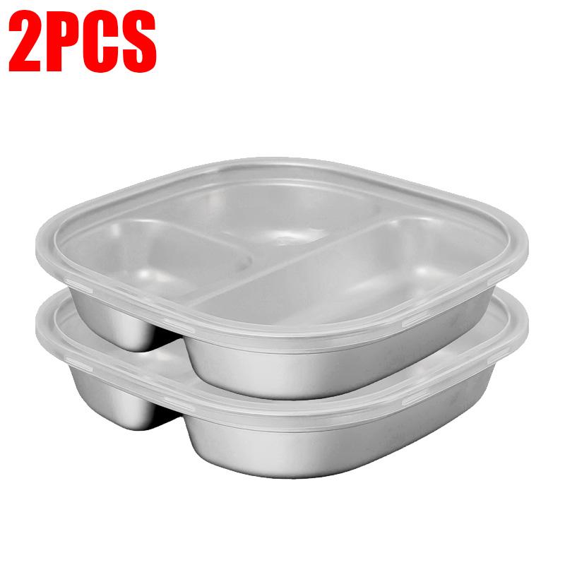 Stainless Steel Dinner Plate with Lids 3 Grid Student Children Dishes Serving Tray Divided Fruit Salad Food Plate Tableware