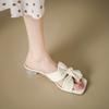 Fashion Square Toe Women Slippers Bow Heeled Sandals Loafers Shoes Woman 2025 Fashion Summer Shallow Dress Comfort Soft Leather Slides