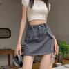 Women's High Waist Gray Workwear Mini Skirt with Drawstring Design