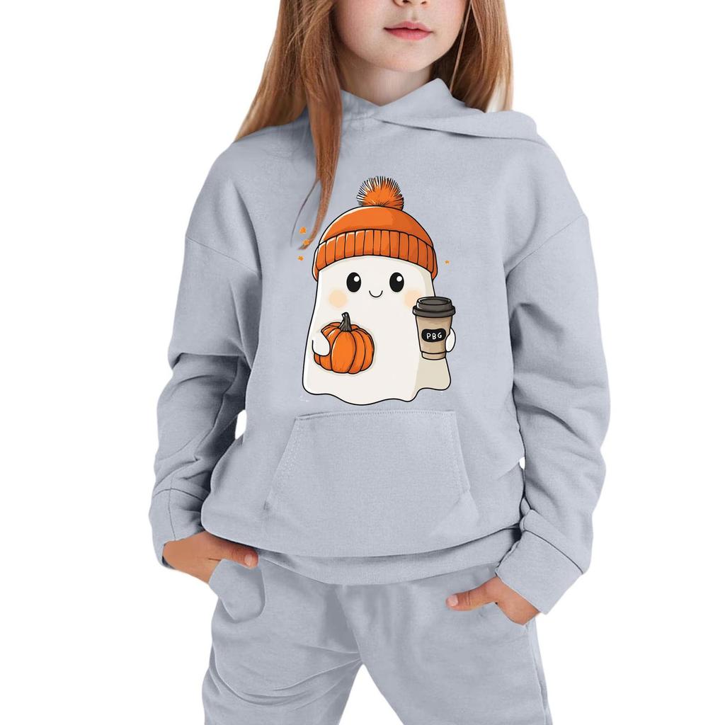 Kids Hoodie Sweatshirt Halloween Ghost Print Pullover Long Sleeve Hooded Top for Boys Girls Soft Comfortable Casual Wear