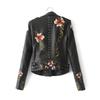 Turn-down Collar Pu Motorcycle Black Punk Outerwear Women Floral Print Embroidery Faux Soft Leather Jacket Coat