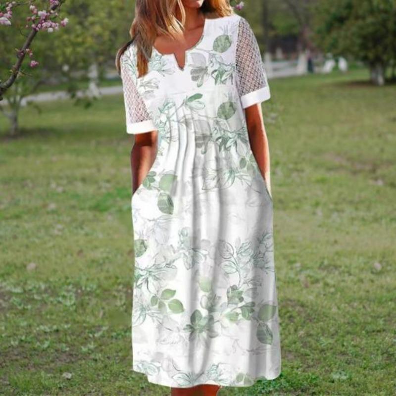 Summer Pocket Dress, Anti-piling, Popular Cocktail Tunic with Flower Print, Long Street Clothes, Fancy Clothes