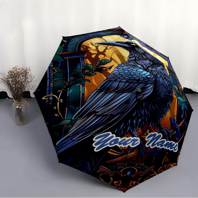 1PC Custom Name Elegant Raven Artwork Automatic Folding Umbrella Compact Travel Umbrella for Men & Women, Ideal Gift for Christmas, Birthdays, Hallowe