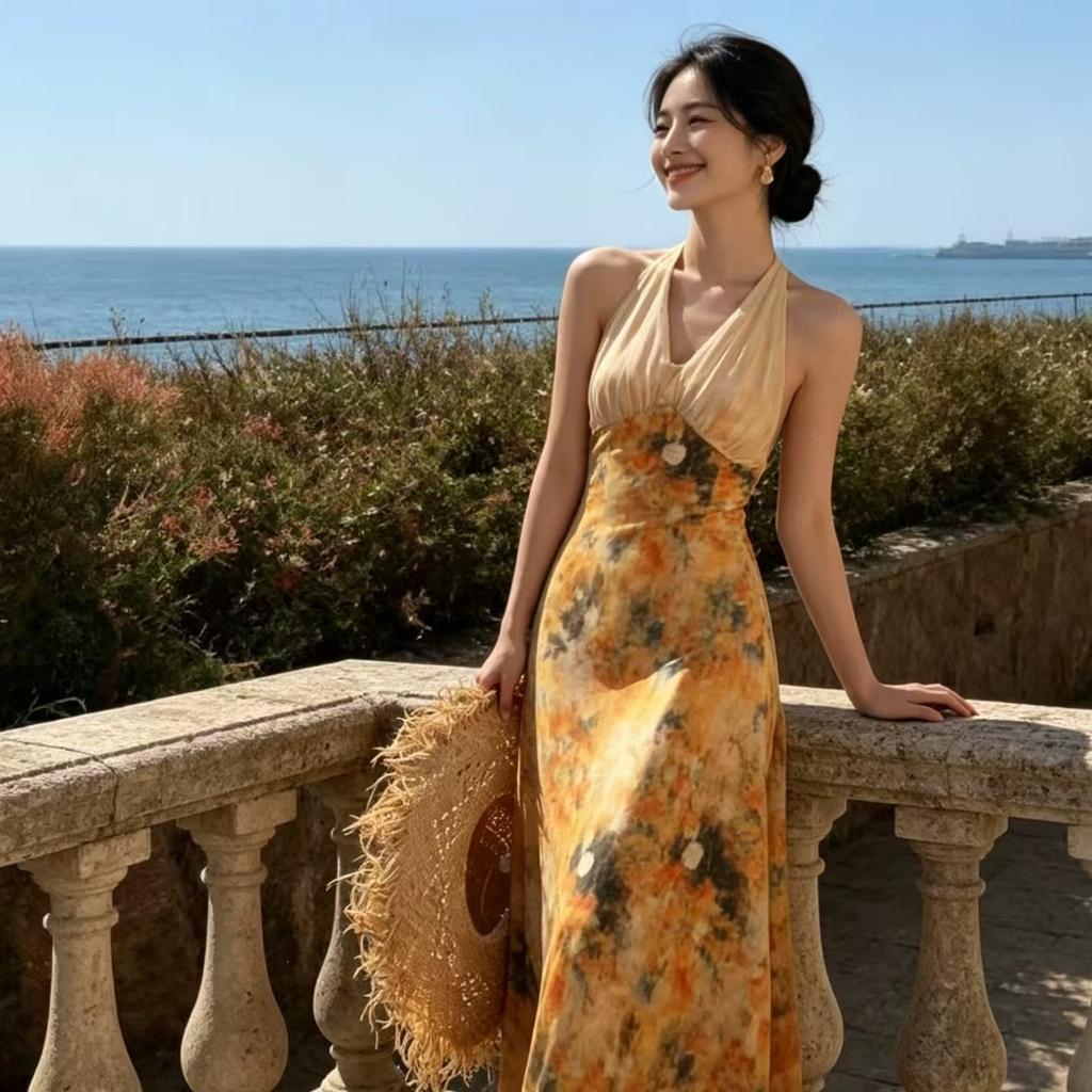 Garden Yellow Neck Dress Huge Beautiful Skirt Dress Dopamine Island Bright Seaside Vacation