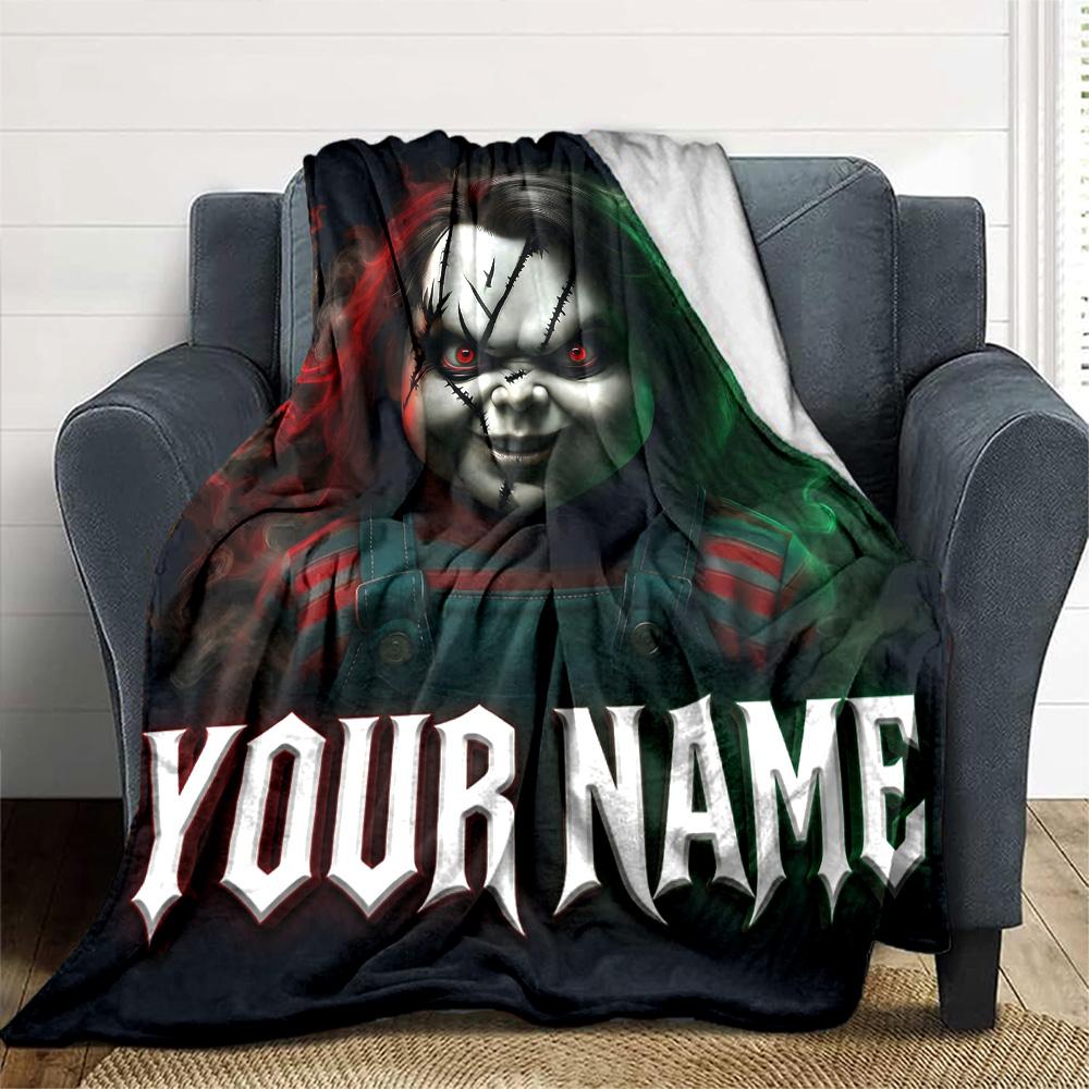 1pc Chucky Blanket with Custom Name, Gift, for Men and Women, Soft Blanket, Good for Sofa Bed Couch Travel, Lightweight Flannel Blanket