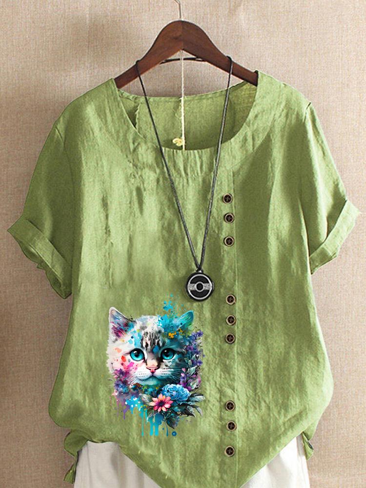 

Women s Fashion Colorful Cat Flower Print Casual Cotton Linen Short Sleeve Round Neck T-shirt Shirt Leisure Loose Summer Blouse Tops 5XL зелений