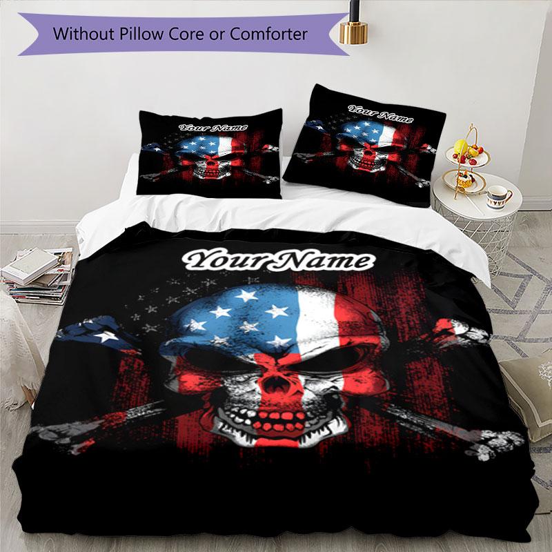 3PC Custom Name American Skull Flag Bedding Set Duvet Cover Closure Includes 1 Duvet Cover & 2 Pillowcases for Bedroom
