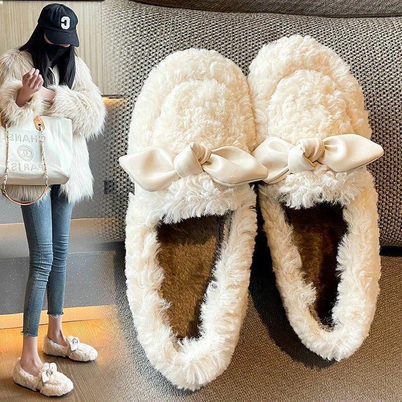 Mao Mao Doudou Shoes Women's New Autumn and Winter Outer Wear Velvet Flat-bottomed Versatile Bow Cotton Shoes Outer Wear Lazy Shoes