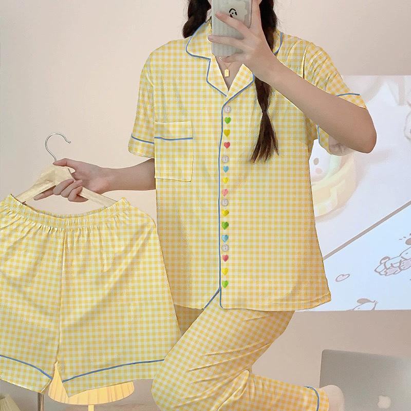 Cute Plaid Love Embroidered Pajamas Women'S Spring Summer Short-Sleeved Three-Piece Student Loungewear