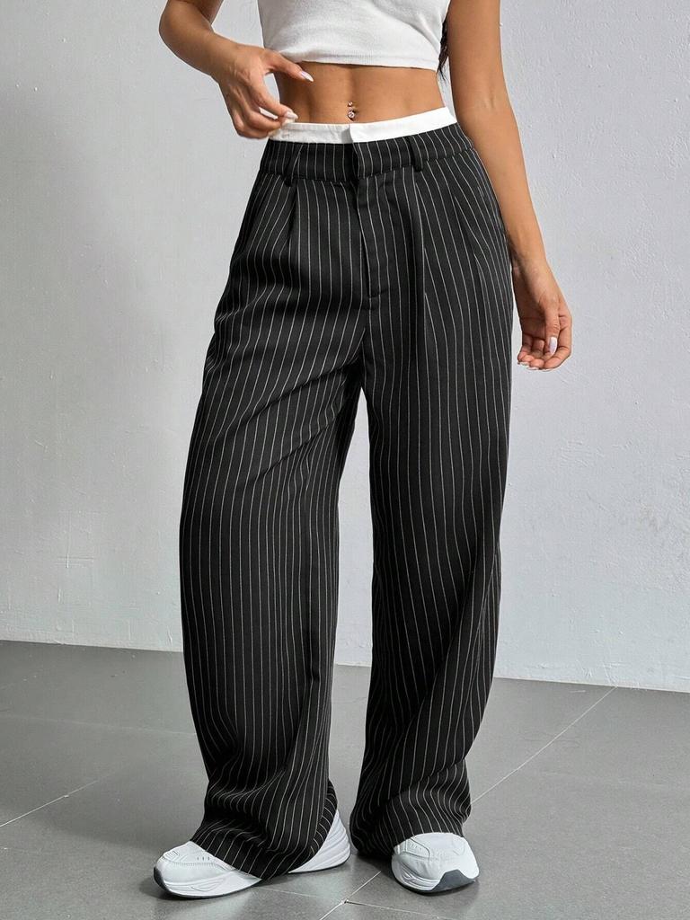 Women's Trousers Japanese and Korean Casual High Waist Color Matching Simple Drape Striped Straight Trousers Wide Legs