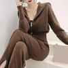 2 Piece Outfits for Women Long Sleeve Zip-up Top And High Waisted Wide Leg Pants Set Slim Fit Casual Lounge Tracksuit