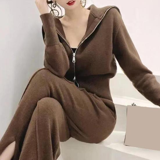 2 Piece Outfits for Women Long Sleeve Zip-up Top And High Waisted Wide Leg Pants Set Slim Fit Casual Lounge Tracksuit