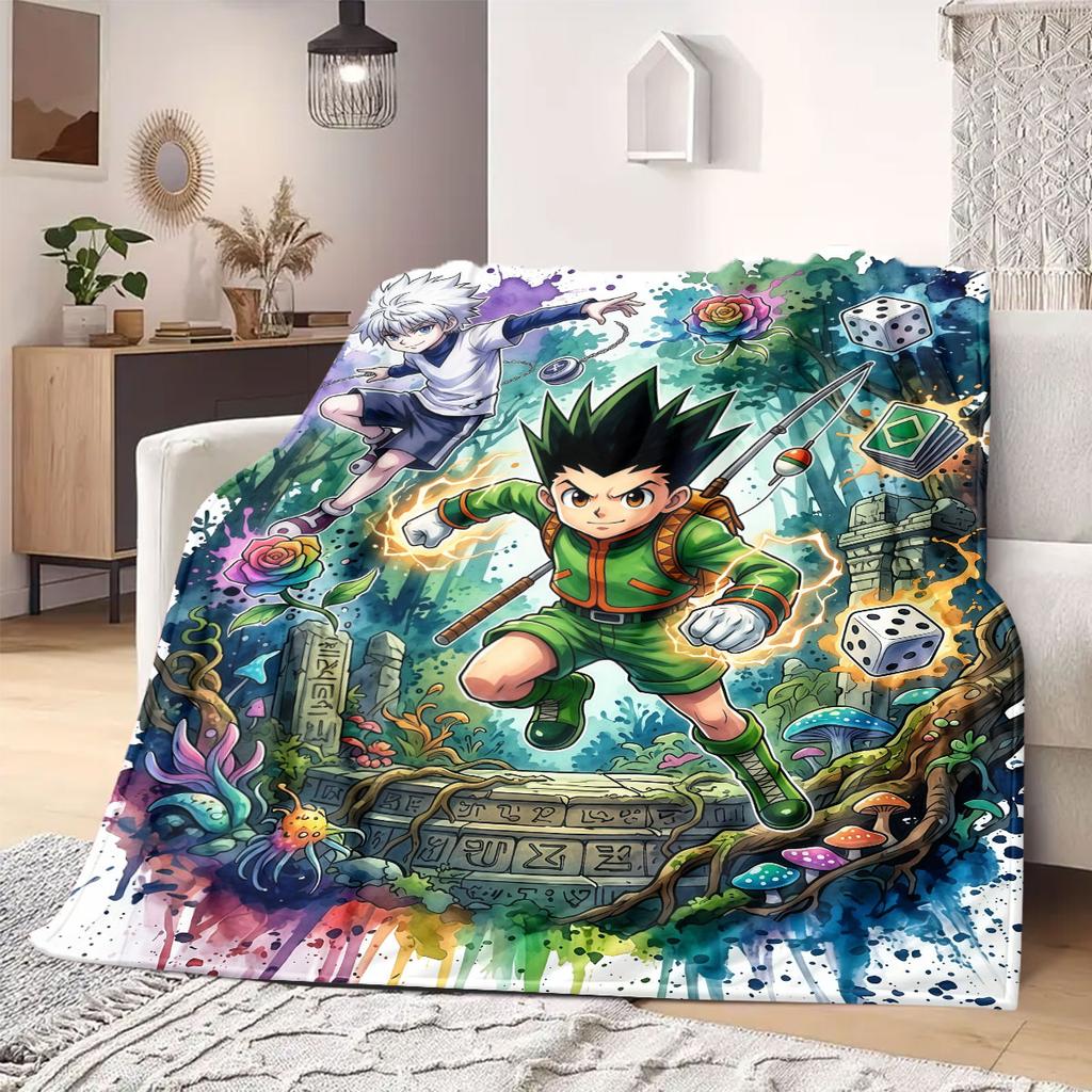 Hunter×Hunter Smart 2D Cartoon Flannel Blanket, Printed Pattern for Couch, Soft Home Decor Travel Throw Mat_LIAN