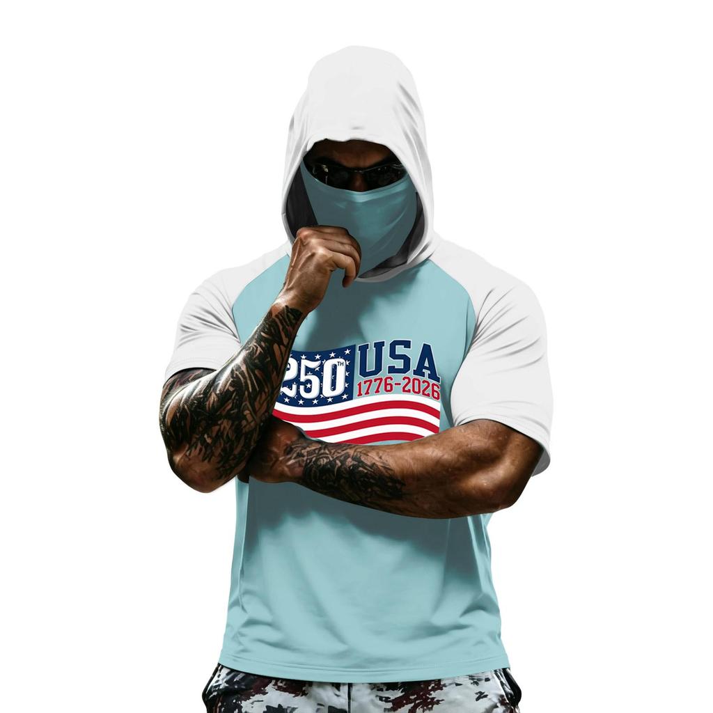 Men's Summer Camouflage Gradient Drying Short-sleeved T-shirt, Sun Clothing, Fishing, Fitness, Sports, Hooded Short-sleeved Shirt