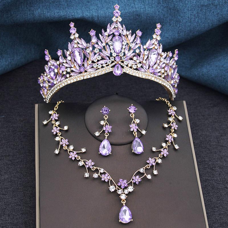 3Pcs Princess Crown Bridal Jewelry Sets for Women Tiaras and Flower Choker Necklace Earrings Wedding Dress Bride Jewelry Set