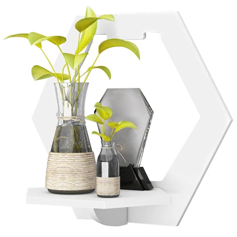 Hexagon Punch Free Wall Display Stand Flower Pot Holder Wall Shelf for Home TV Background Decor