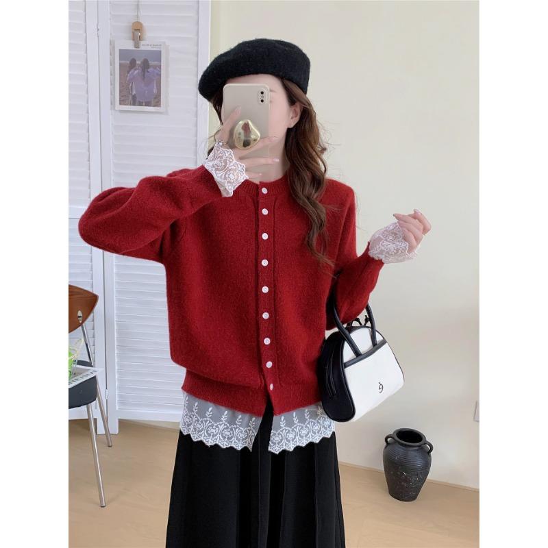 Sweater jacket women's autumn and winter new season fashion versatile design sense lace splicing knitted cardigan top women