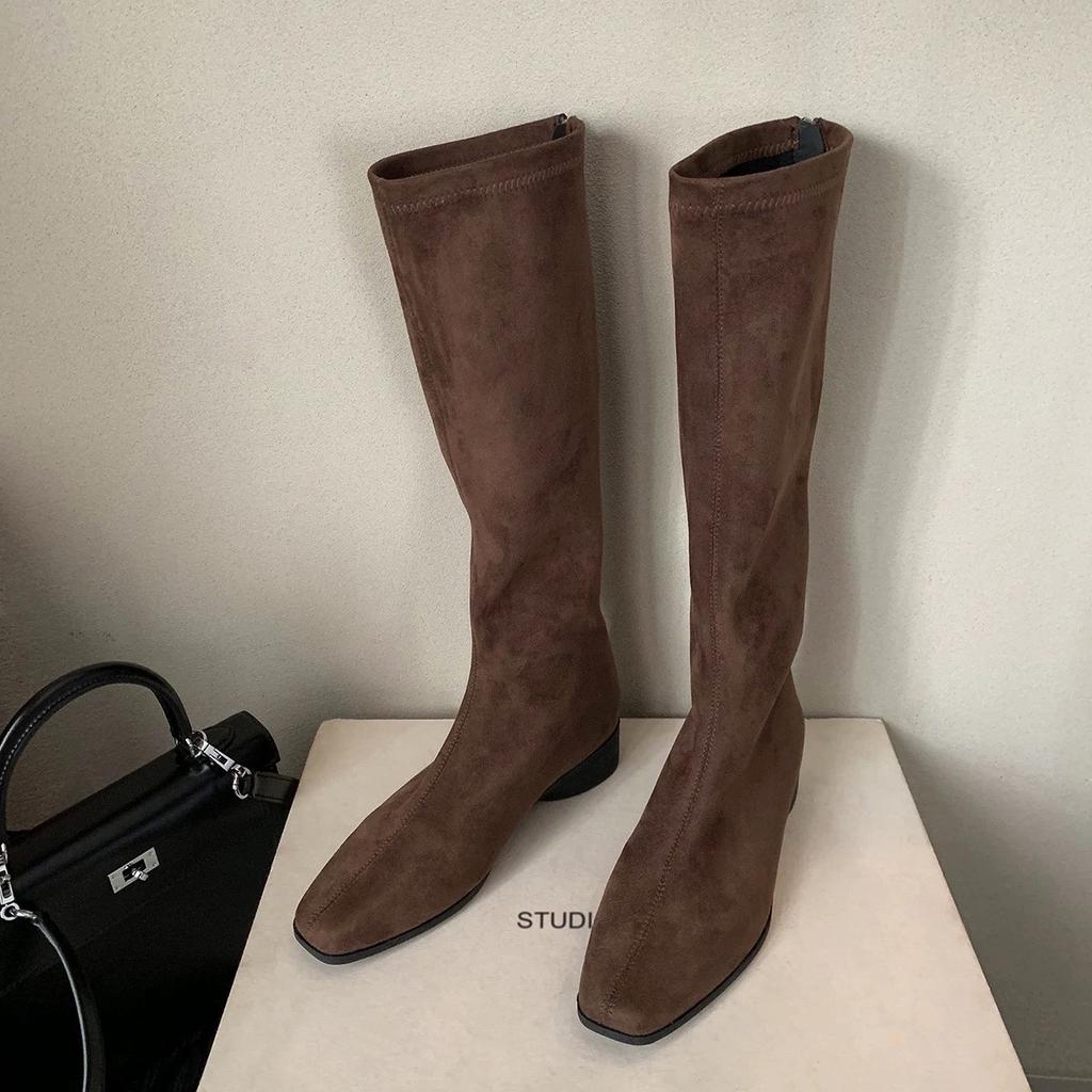 Sheepskin Edition~ French Retro Square Head Boots Skinny Boots Women's Skinny Thick Heel Knight Boots Tall Boots Long Boots