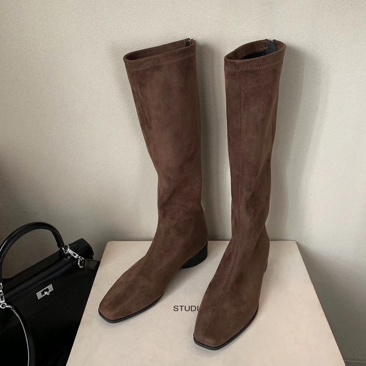

Sheepskin Edition~ French Retro Square Head Boots Skinny Boots Women s Skinny Thick Heel Knight Boots Tall Boots Long Boots 40