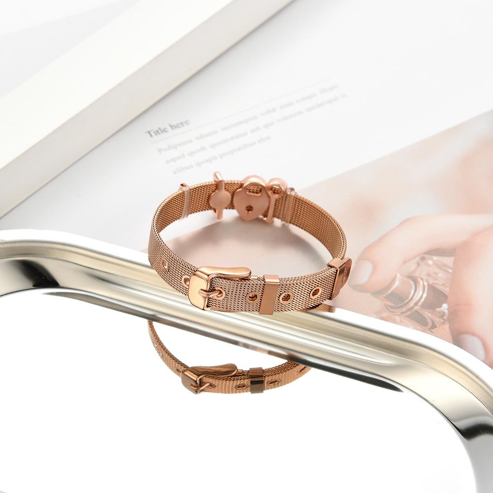 Stainless Steel Mesh Bracelet Women Adjustable Pink Buckle Slide Charms Bangle (D)