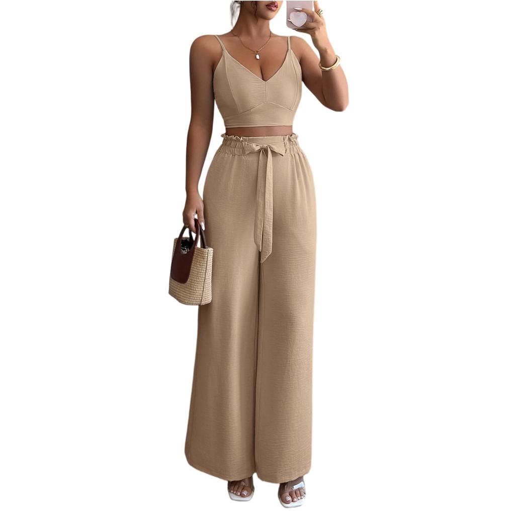 Ladies' Summer Loose Comfortable Casual Fashionable And Elegant Suspender Wide Leg Pants Two-piece Set