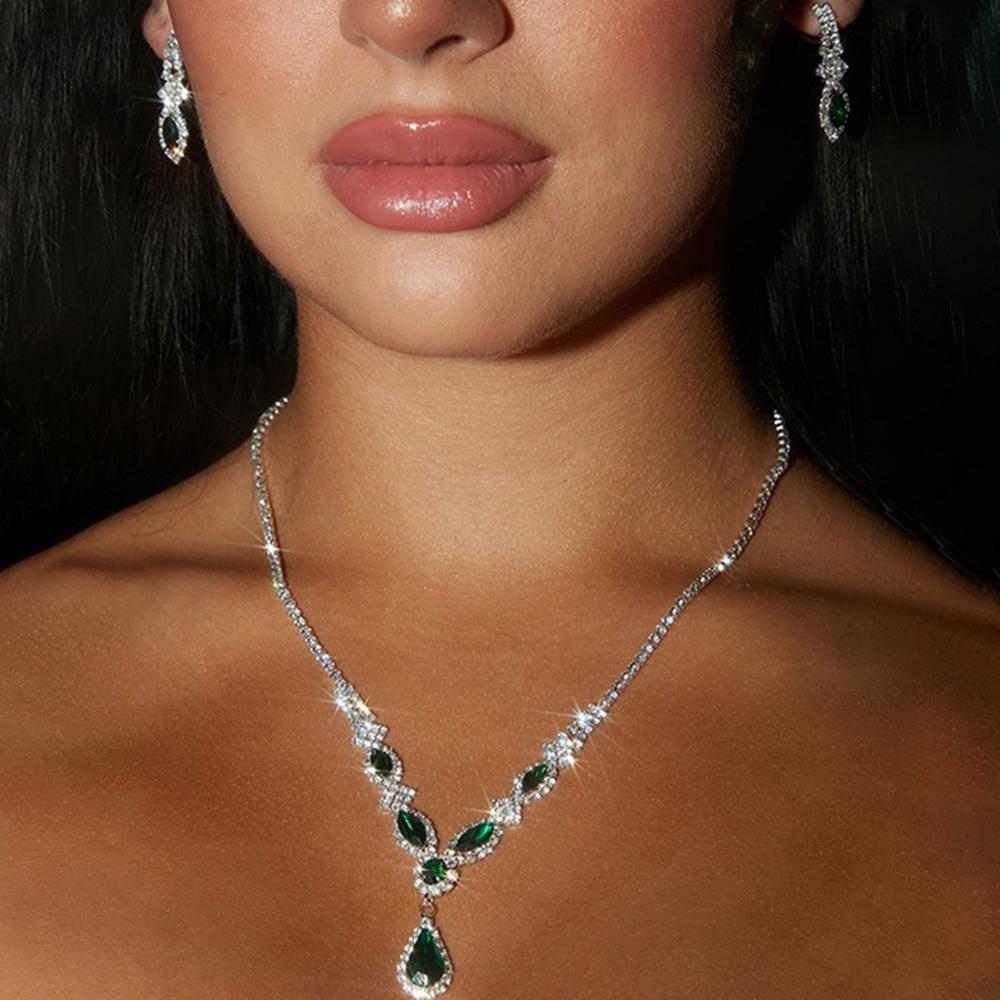 Elegant Emerald Green Crystal Jewelry Set Wedding Accessories 2023 Bridal Water Drop Necklace Earrings Set Ladies Gift