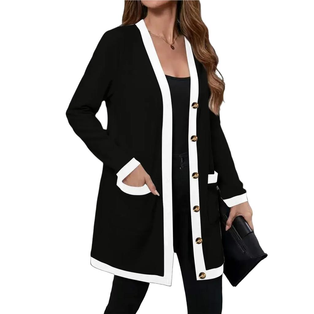 Women's Knitted Pocket Single-breasted Mid-length Contrast Color Casual Long-sleeved Cardigan Jacket