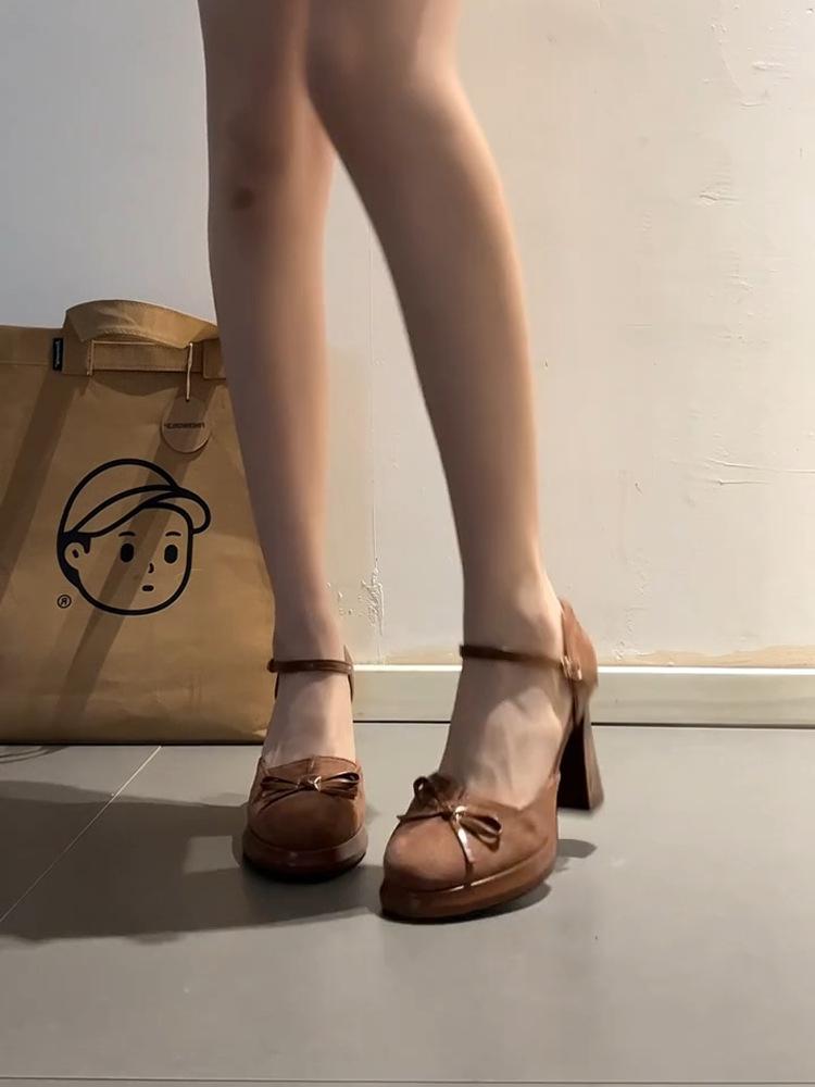 Sheepskin Version~ French Retro Bow Light Mouth High Heel Mary Jane Shoes Women's Versatile One-word Buckle Belt Thick Heel Single Shoes