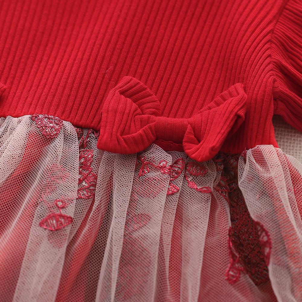 Korean Baby Girls' Butterfly Embroidery Flutter Sleeve Red Mesh Knit Dress