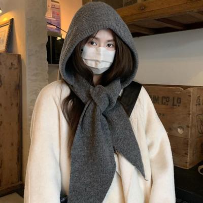 Winter Women Hooded Hat Knitting Wool Warm Balaclava Beanies Skullies For Female Girl Solid Color Outdoor Cold-proof Bonnet