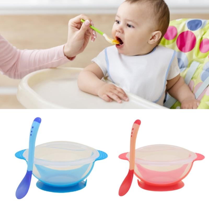Infant Feeding Bowl Strong Suction Base with Temperature Sensing Spoon Safe for Baby Learning To Eat Independently