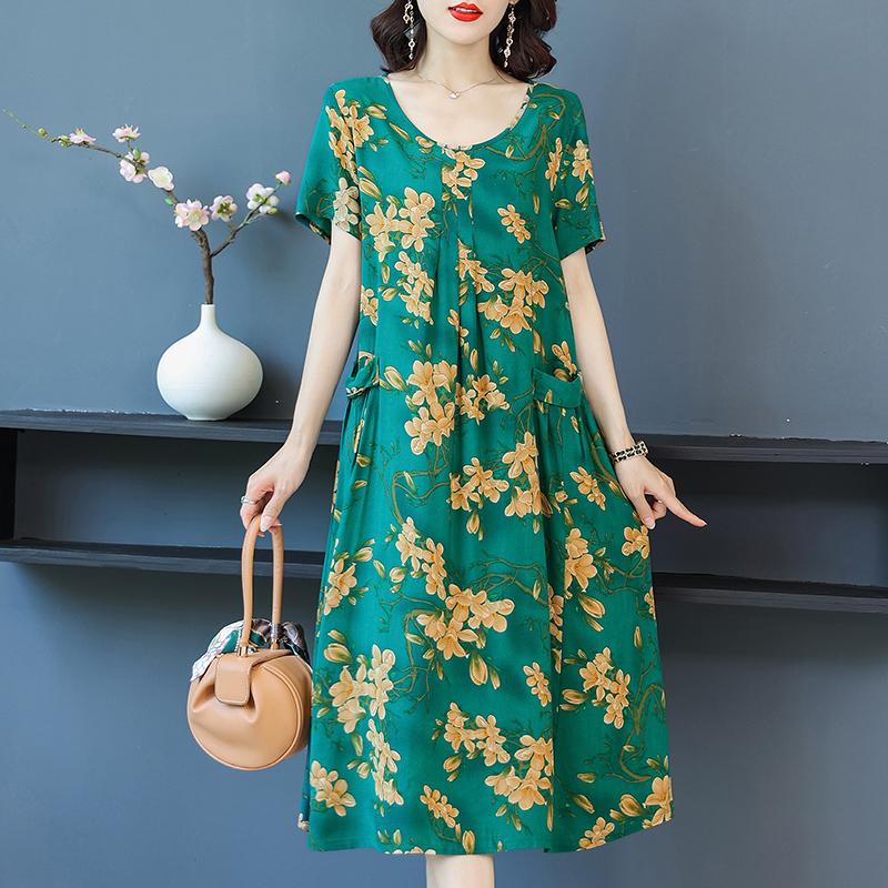 Plus Size Summer Woman Dress Vintage Short Sleeve Print Female Loose Casual Floral Dresses
