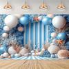 1 2D party background with an ocean theme, decorated in a beach holiday style, featuring shells, starfish and balloons
