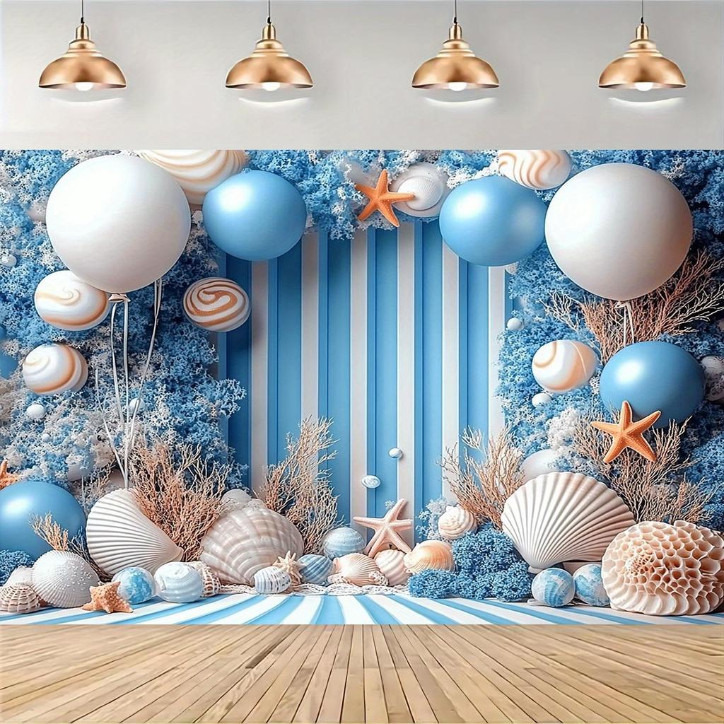 1 2D party background with an ocean theme, decorated in a beach holiday style, featuring shells, starfish and balloons