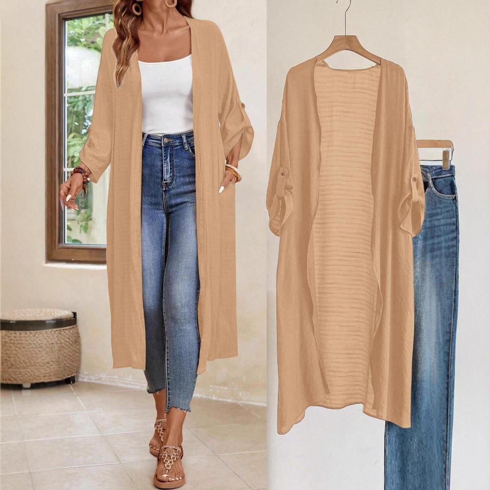 Women's Open Front Long Sleeve Maxi Cardigan Loose Solid Polyester Lightweight Cover Up Long Duster Outerwear With Side Pockets