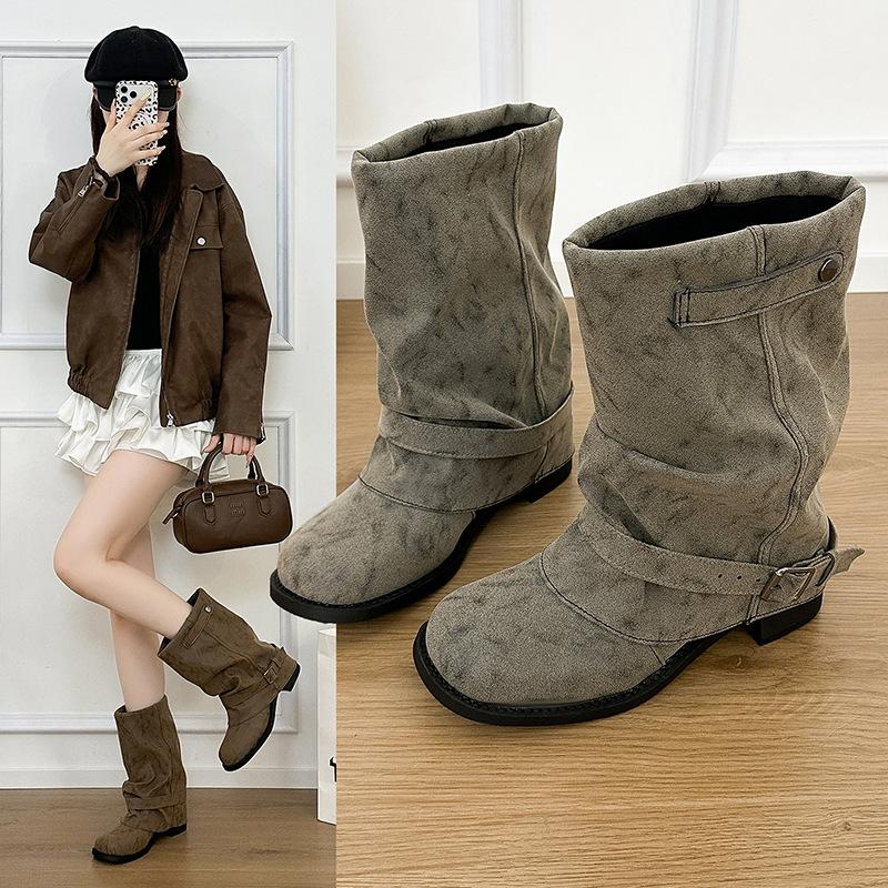Pile up new boots, fashion boots, medium and short heels, good-looking and thin square-headed women's boots, trousers, short boots, small thick heels
