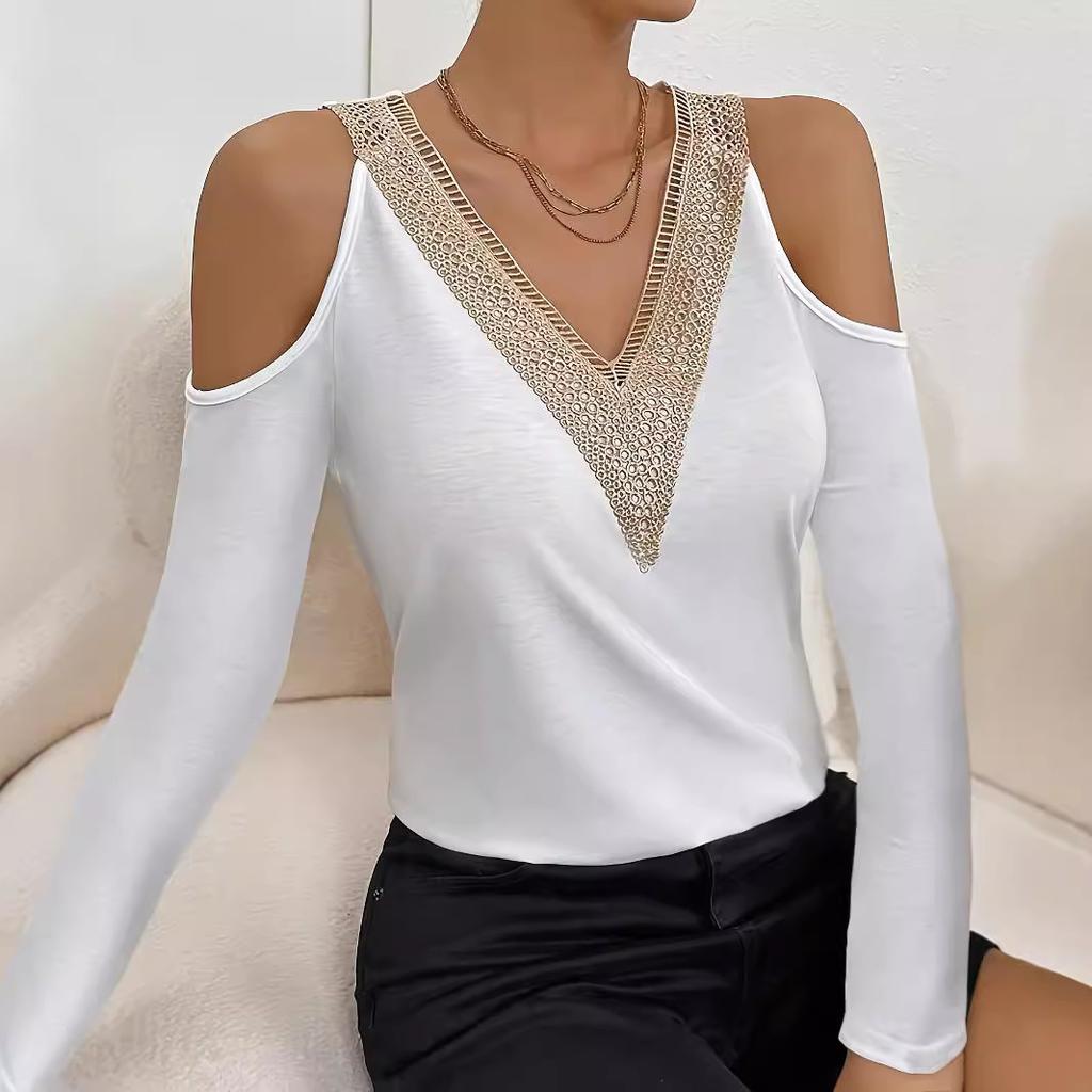 Elegant Lace V-Neck Applique Sleeve Hollow Out Long Sleeve Solid Color T-Shirt Skinny T-Shirt Women Versatile Closet Essential Fashion Items Shirt