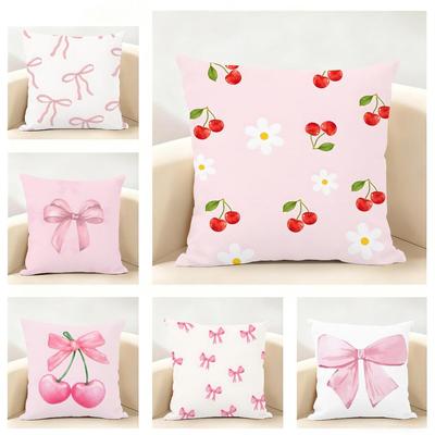 Pink Sweet Lovel Bow Cherry Art Cushion Cover Linen Pillowcase Soft For Sofa Bed Home Room Decor