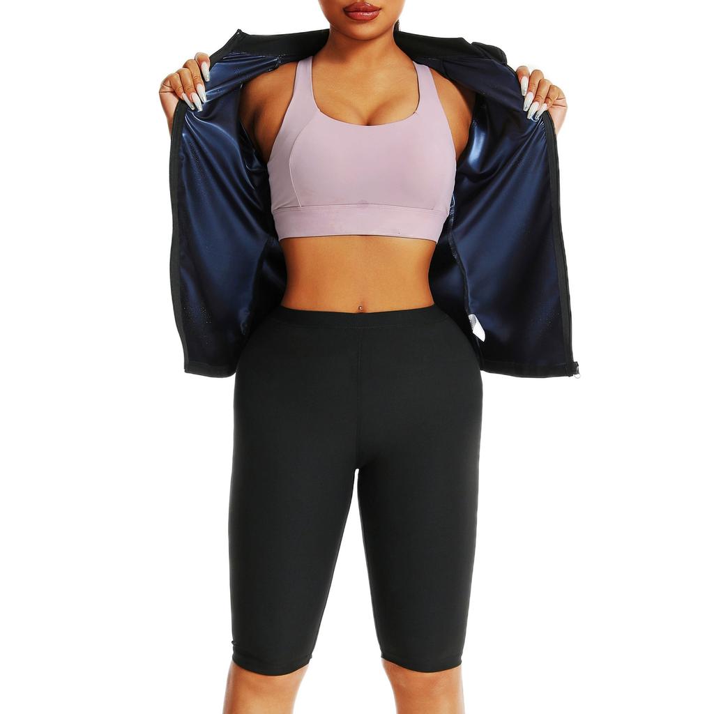 Damen Sauna Anzug 2-teiliges Set Kurzarm Top + Shorts Heißes Schweiß-Schlankheits-Sportbekleidung für Yoga Laufen Workout