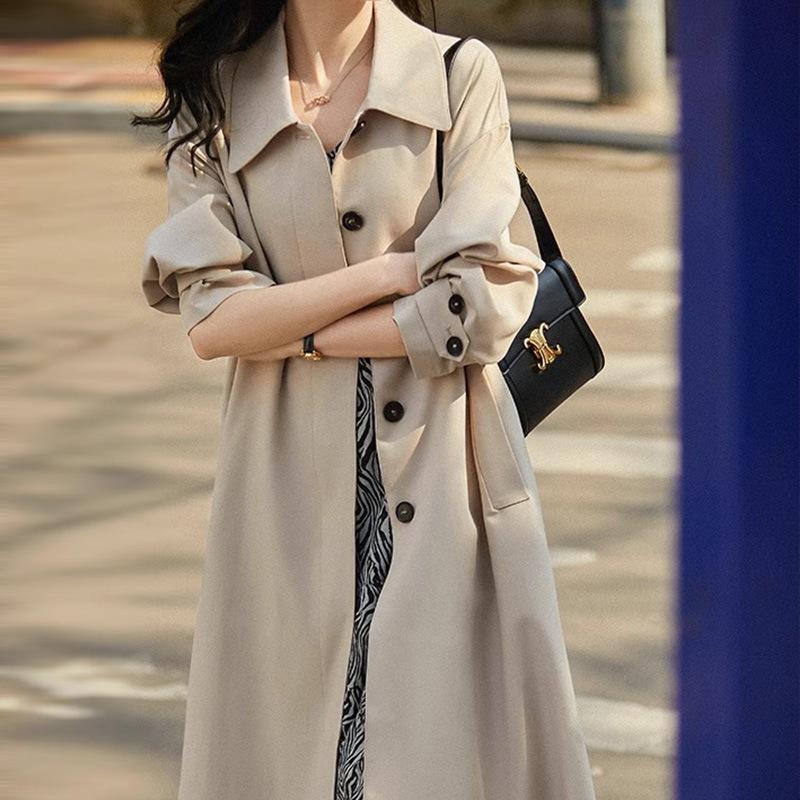 High-quality twill fabric trench coat, temperament coat medium and long coat khaki spring new women's clothing