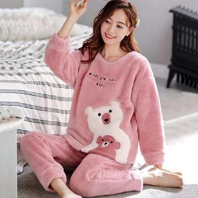 Thickened Warm Flannel Autumn Winter Plus Size Pajamas 2XL Long-Sleeved Suit Blue Cartoon Bear Homewear School Loungewear